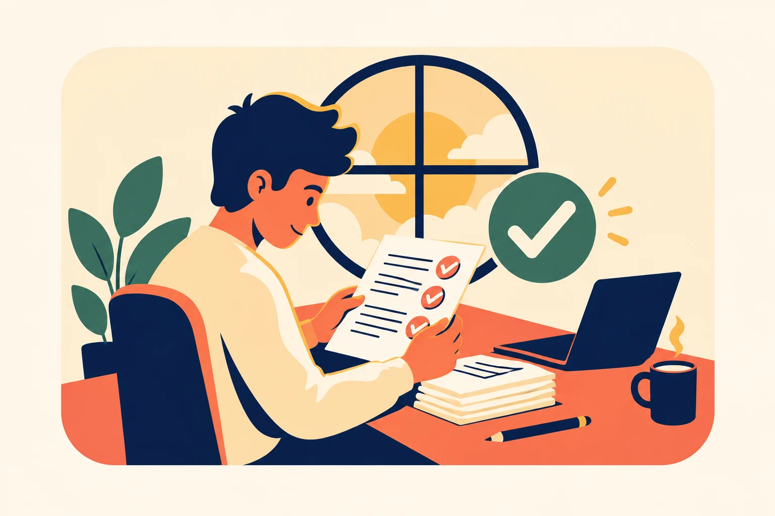 Joven revisando sus exámenes con un distintivo verde de aprobación