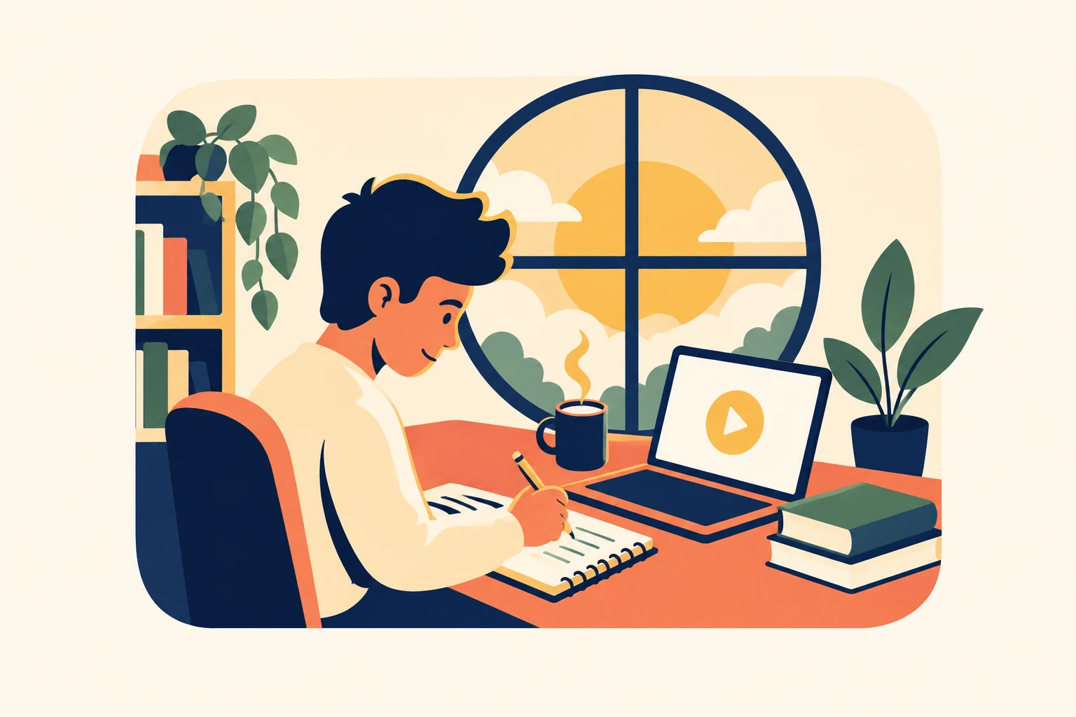 Joven estudiando con un notebook, cuaderno, lápiz y té