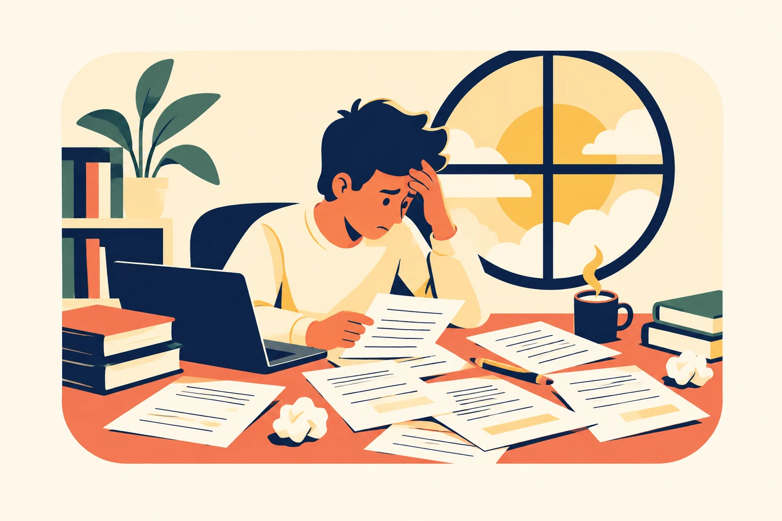 Joven preocupado frente a papeles de examen desordenados