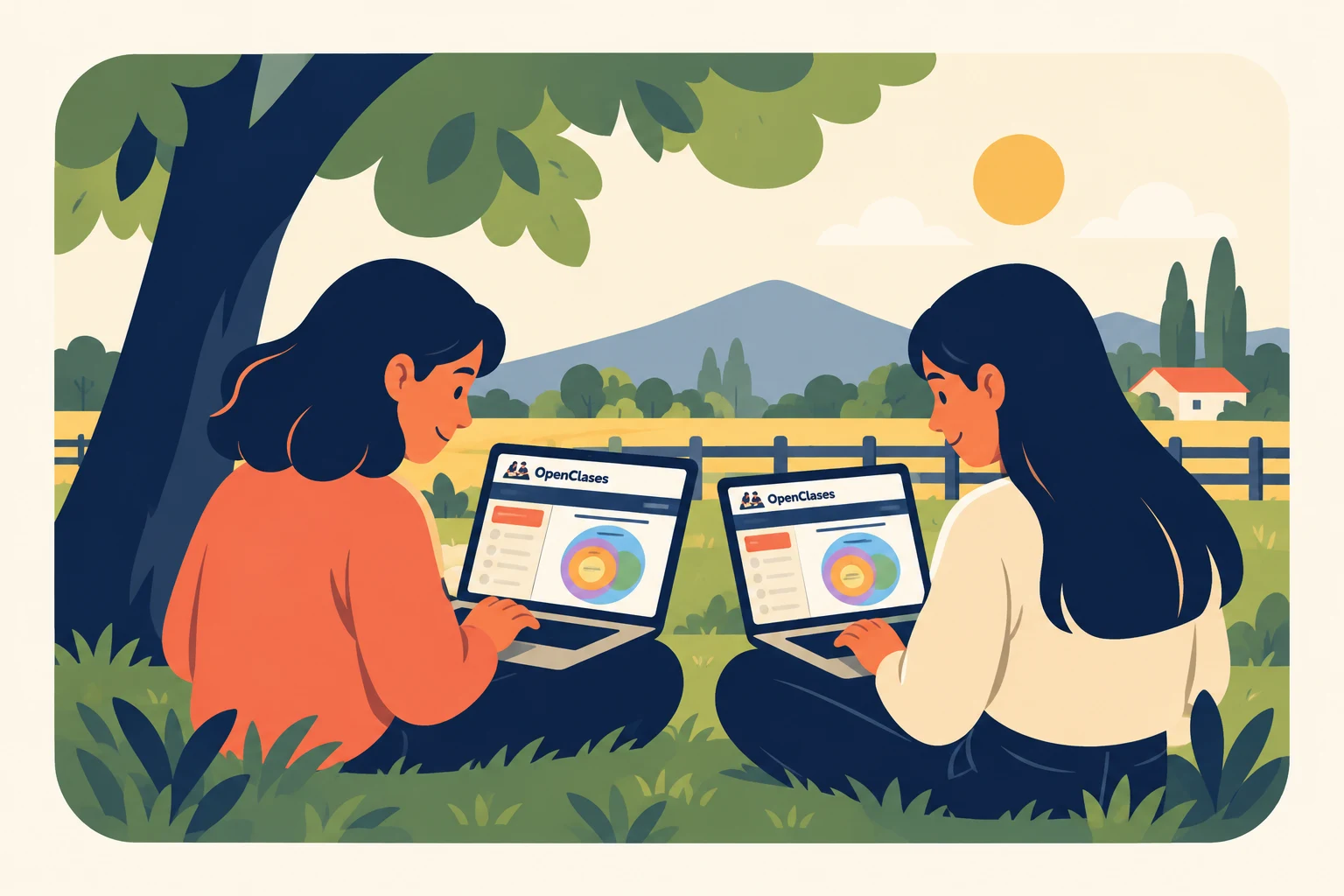 Dos hermanas sentadas en el pasto bajo un árbol, cada una mirando OpenClases en su notebook
