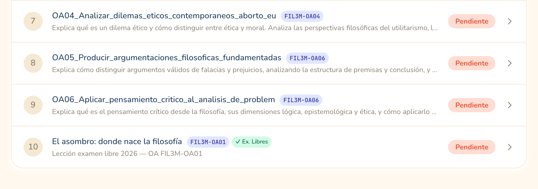 Cada lección te dice si entra en el temario del examen